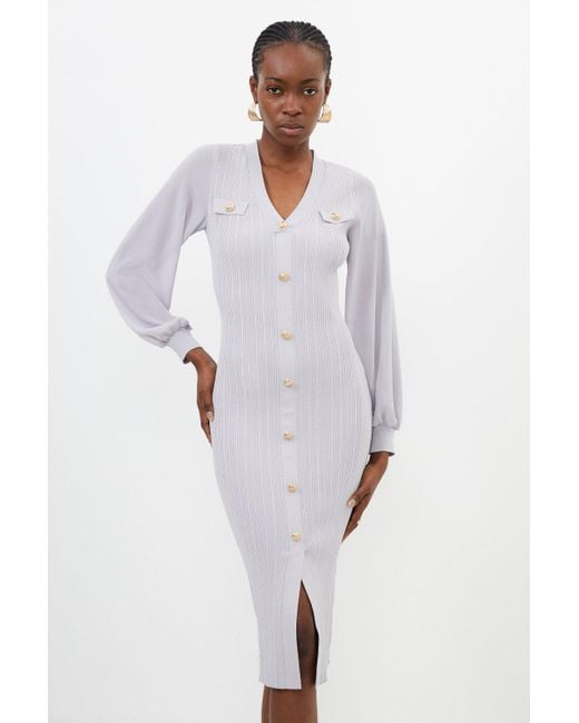 Karen Millen White Viscose Blend Rib Knit Chiffon Sleeve Midi Dress