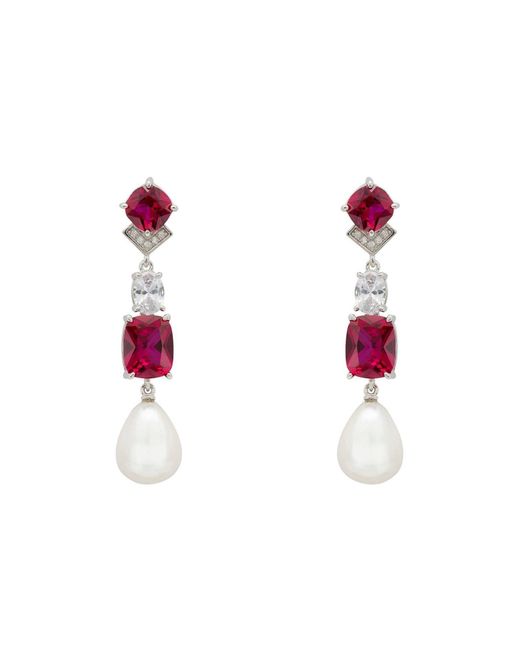 Latelita London Red Cordelia Pearl & Ruby Long Drop Earrings Silver