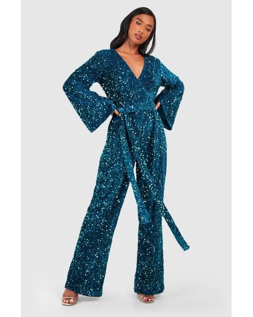 Boohoo Blue Petite Velvet Sequin Wrap Jumpsuit