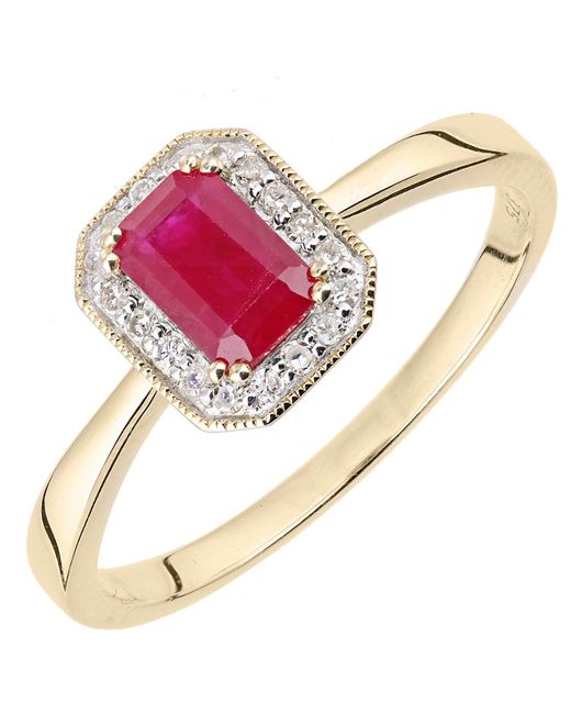 Jewelco London Pink 9ct Gold Diamond Octagon Ruby Octagon Mill Grain Halo Ring - Dr1axl619yru