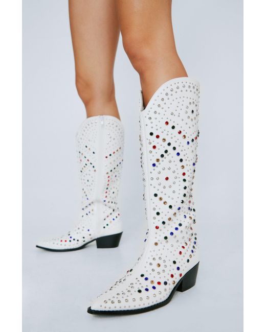 Nasty Gal White Faux Leather Embellished Cowboy Boots