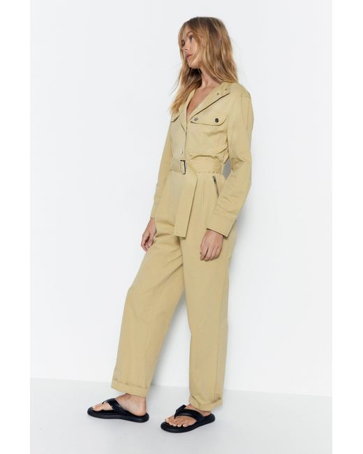 Warehouse Natural Petite Twill High Neck Belted Utility Boilersuit