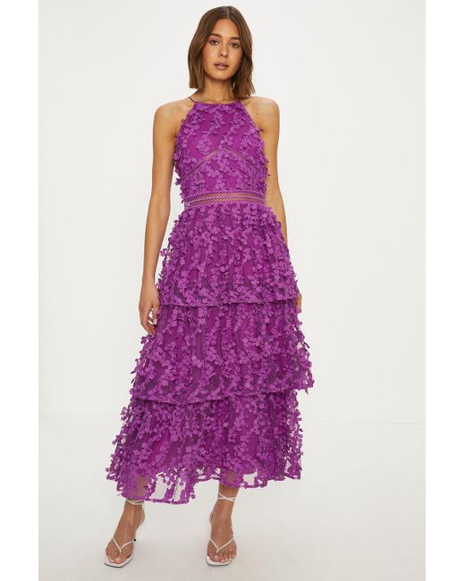 Oasis Purple Statement Flower Embroidered Tiered Halter Midi Dress