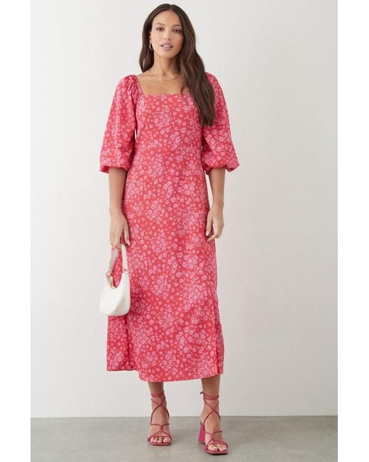 Dorothy Perkins Tall Pink Floral Square Neck Midi Dress