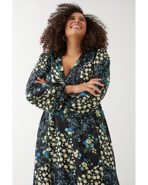Dorothy Perkins Green Curve Blue Floral Button Front Empire Midi Dress