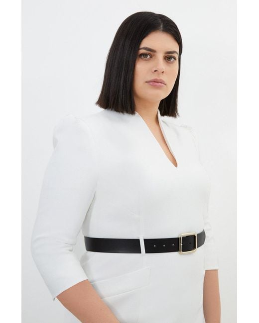 Karen Millen White Plus Size Tailored Structured Crepe High Neck Belted Dress