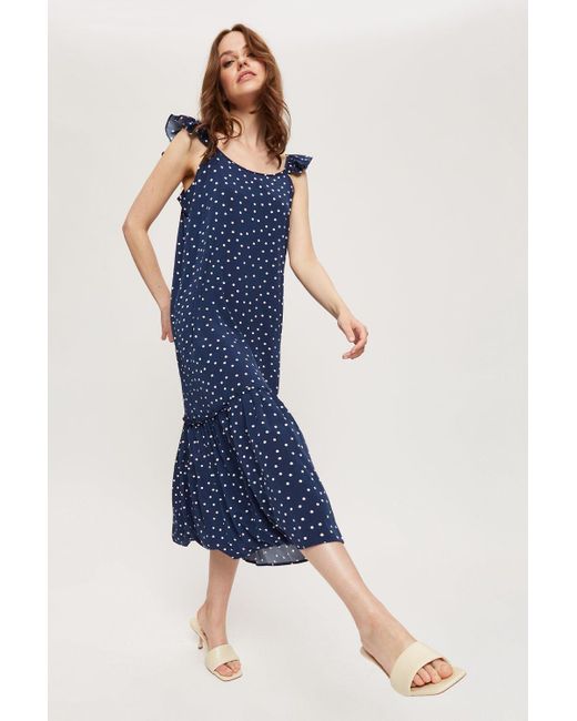 Dorothy Perkins Blue Navy Spot Frill Strappy Midi Dress