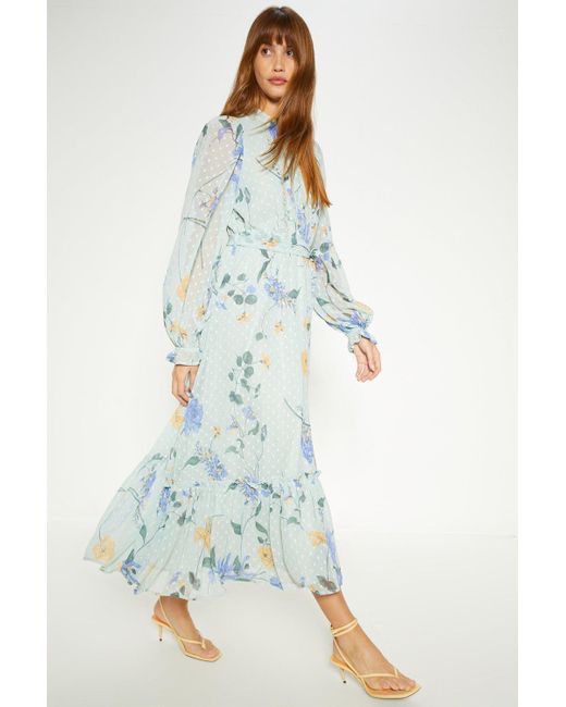 Oasis Blue Petite Lace Trim Eastern Floral Midi Dress