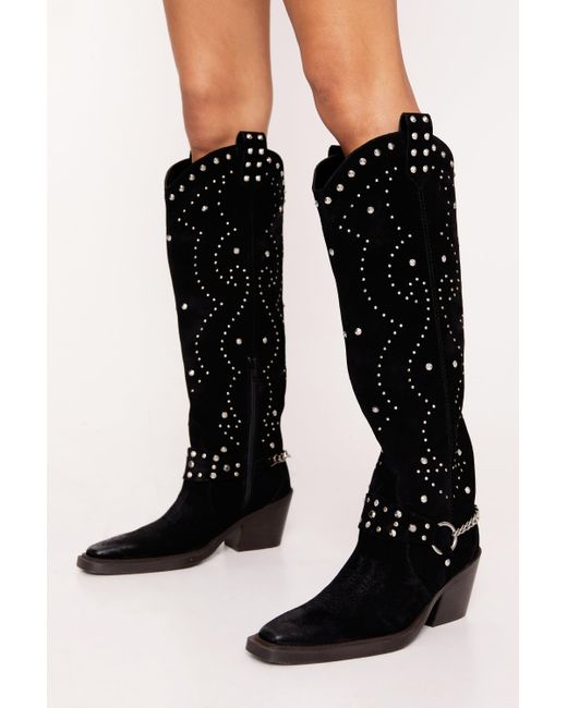 Nasty Gal Suede Studded Harness Knee High Cowboy Boots in Black