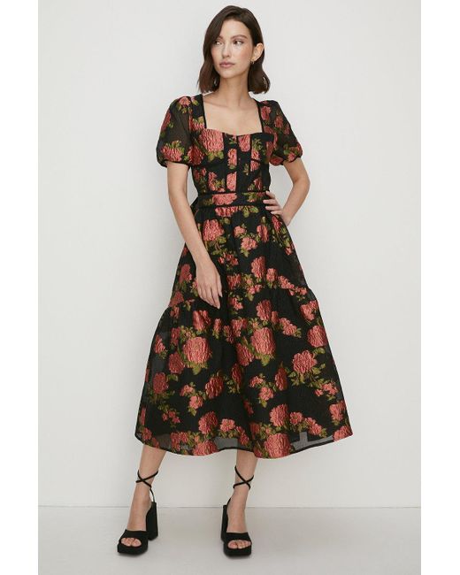 Oasis Black Petite Bow Back Floral Jacquard Midi Dress