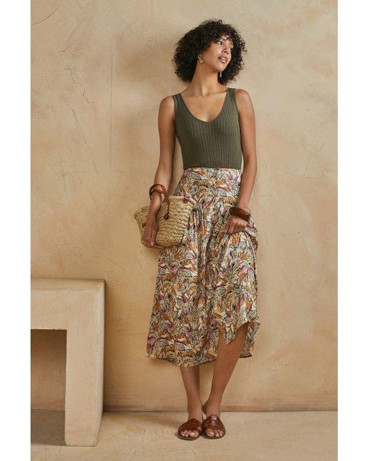 Oasis Natural Tropical Elephant Printed Midi Skirt