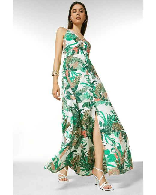 Karen Millen Green Cotton Poplin Palm Strap Detail Woven Button Dress