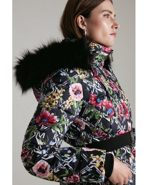 Karen Millen Multicolor Floral Logo Long Puffer Coat