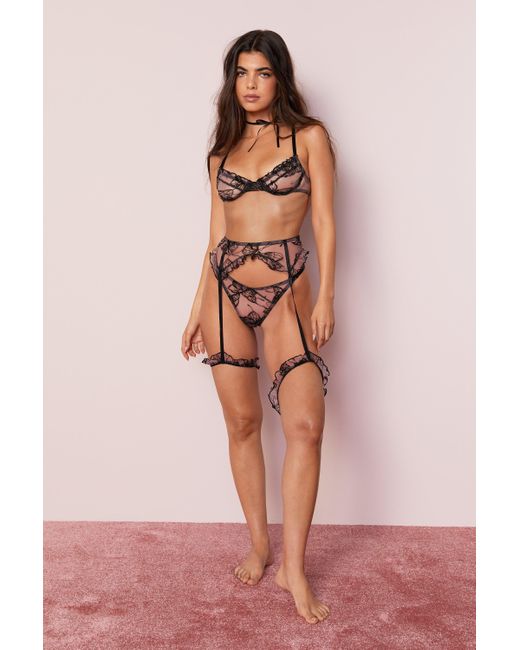 Nasty Gal Brown Butterfly Embroidered Ruffle 3pc Lingerie Set
