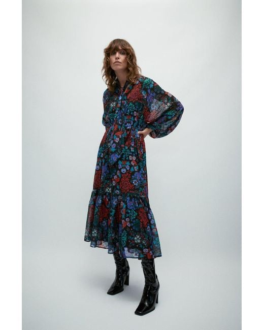 Warehouse Blue Wh X William Morris Society Mix Print Tie Neck Belted Maxi Dress