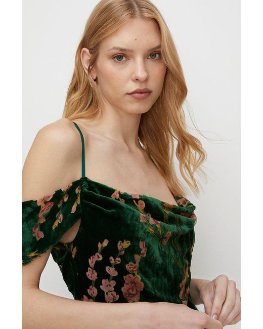 Oasis Green Floral Devore Cowl Cold Shoulder Maxi Dress