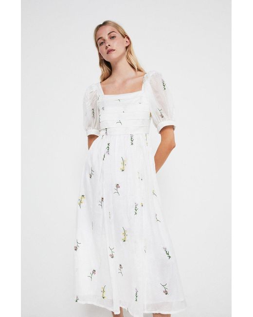Warehouse White Midi Dress In Organza Floral Check