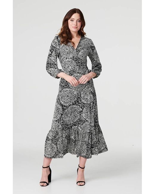 Izabel London Black Printed 3/4 Sleeve Midi Wrap Dress