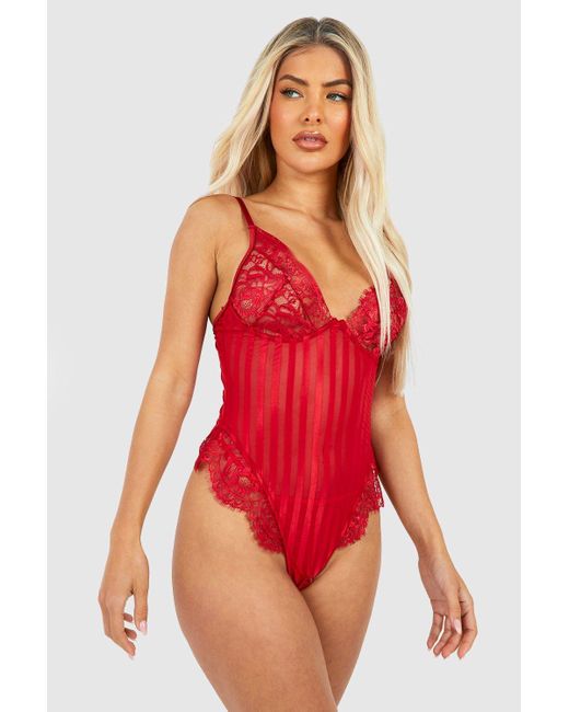 Boohoo Red Crotchless Eyelash Lace And Stripe Mesh One Piece