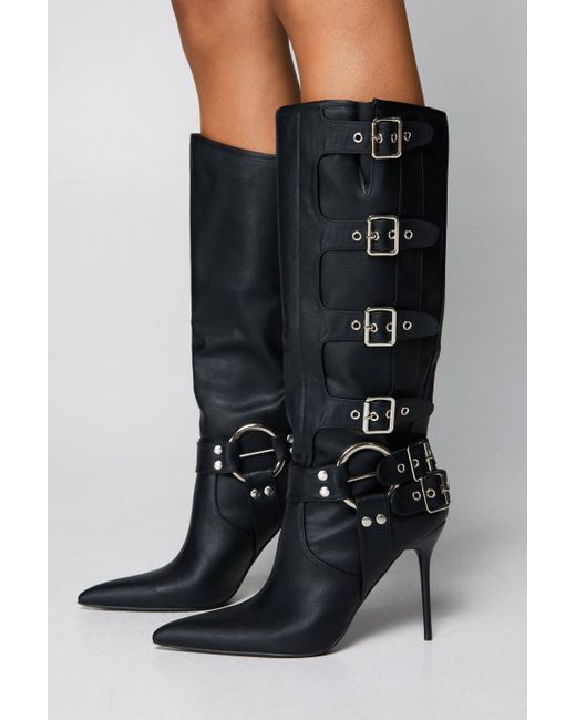 Nasty Gal Black Faux Leather Buckle Detail Pointed Toe Knee High Boots