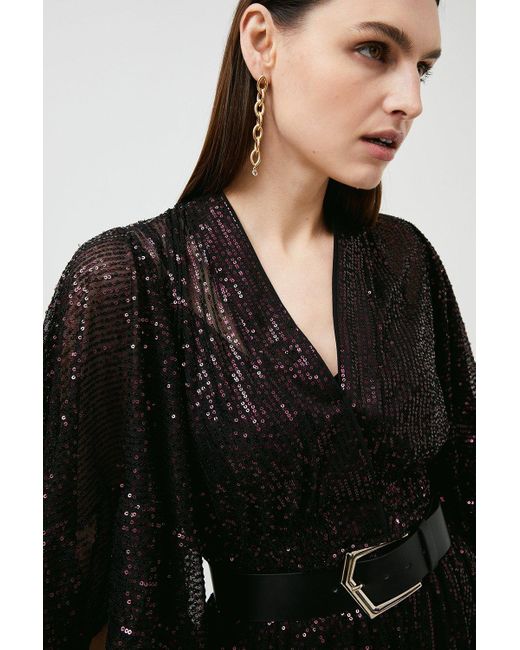 Karen Millen Black Sequin Drama Sleeve Woven Kimono Maxi Dress