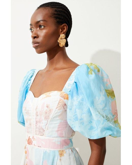 Karen Millen Blue Ombre Botanical Cotton Top Stitch Midi Dress