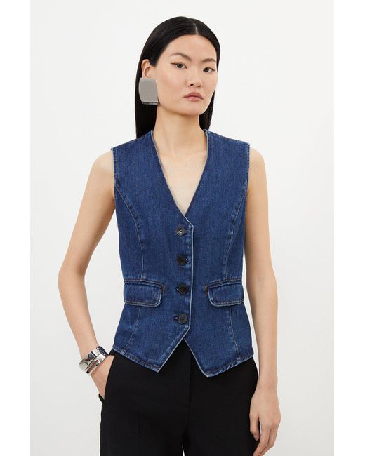 Karen Millen Blue Denim Contrast Stitch Detail Button Through Waistcoat
