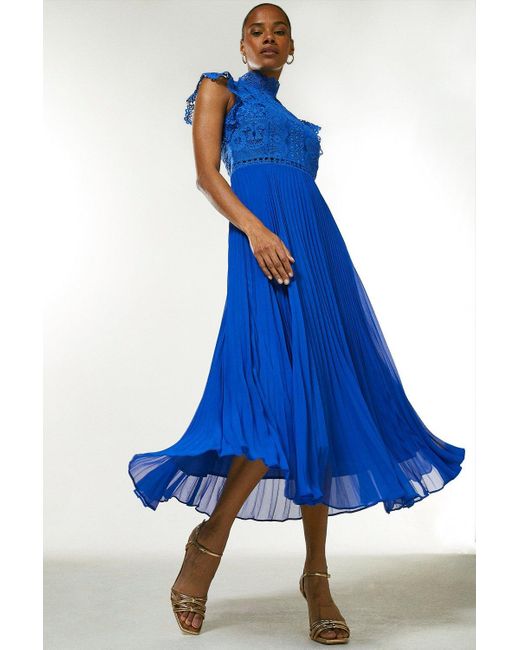 Karen Millen Blue Lace Applique Pleat Midi Dress