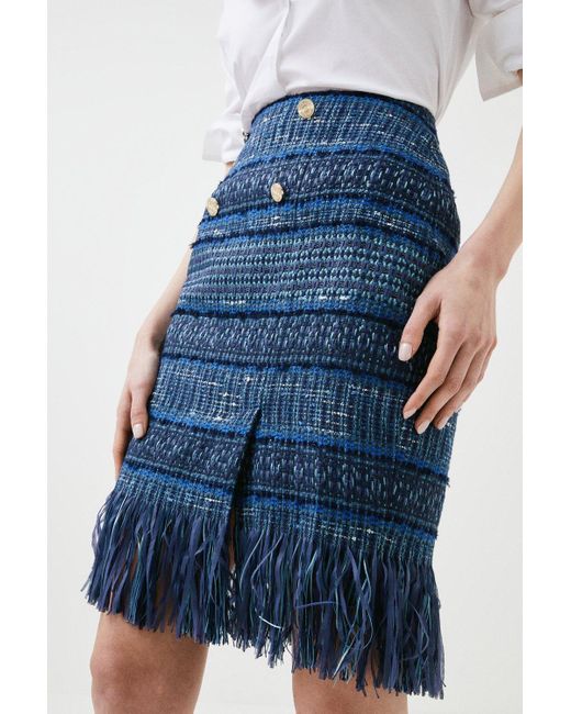 Karen Millen Blue Signature Italian Fringed Tweed Pencil Skirt
