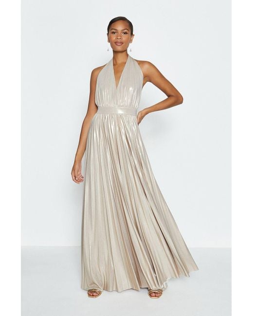 Coast White Halterneck Metallic Pleated Maxi Dress