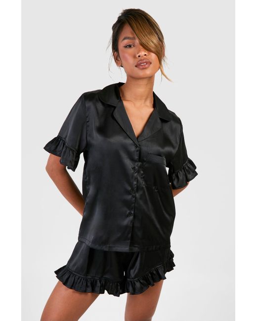 Boohoo Black Ruffle Detail Short Pyjama Set