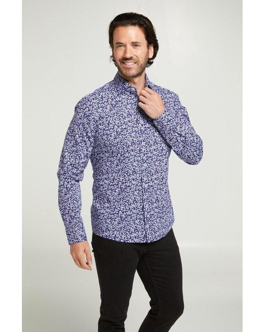 Double Two Blue Slim Fit Navy & White Floral Print Long Sleeve Casual Shirt for men