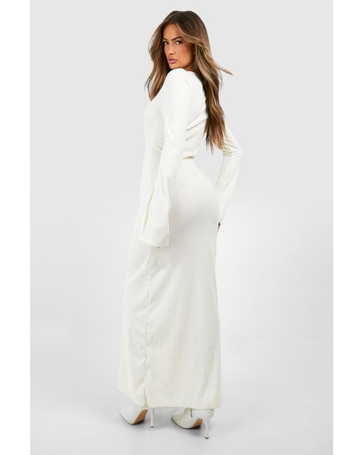 Boohoo White Long Sleeve Ribbed Flared Maxi Dress