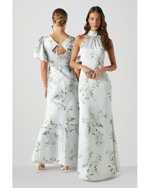 Coast Multicolor Dahlia Printed Satin Halterneck Bridesmaids Dress