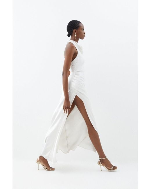 Karen Millen White Petite Premium Satin Halter Woven Maxi Dress