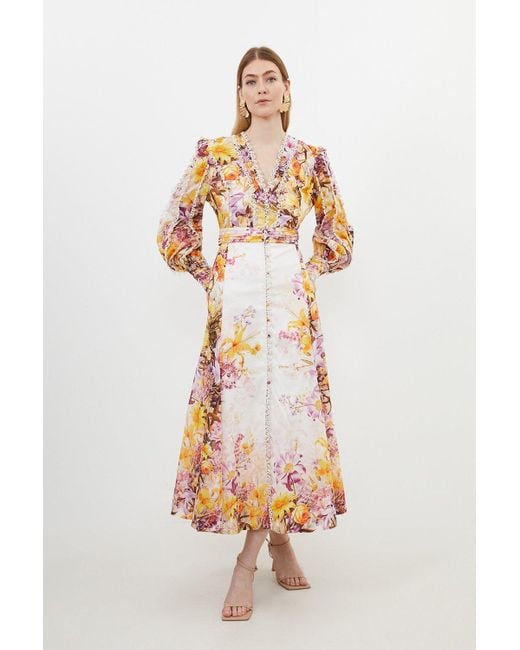 Karen Millen White Petite Trailing Floral Woven Plunge Maxi Dress