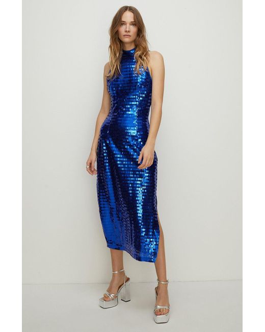 Oasis Blue Sequin Halterneck Midi Dress
