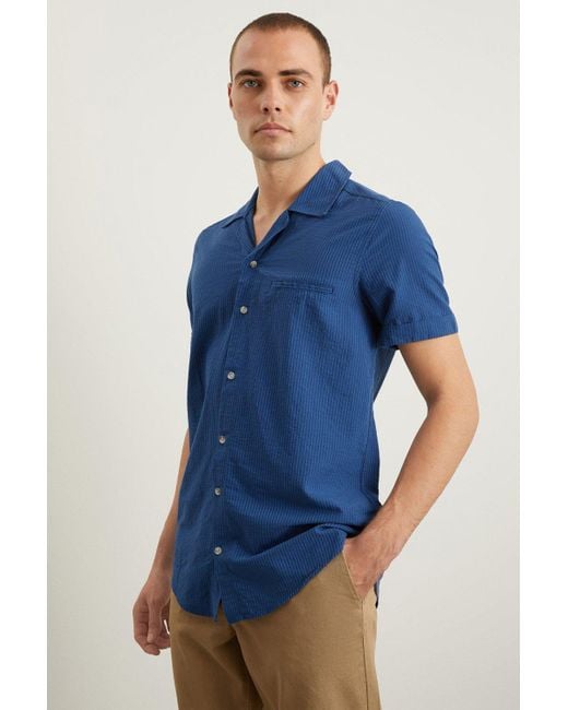 Burton Slim Fit Blue Short Sleeve Seersucker Revere Shirt for men
