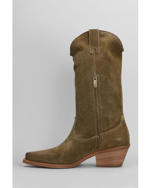 METISSE Green Texan Boots In Taupe Suede