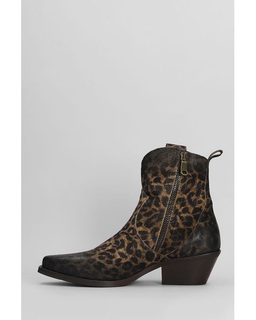 METISSE Brown Texan Ankle Boots In Animalier Suede
