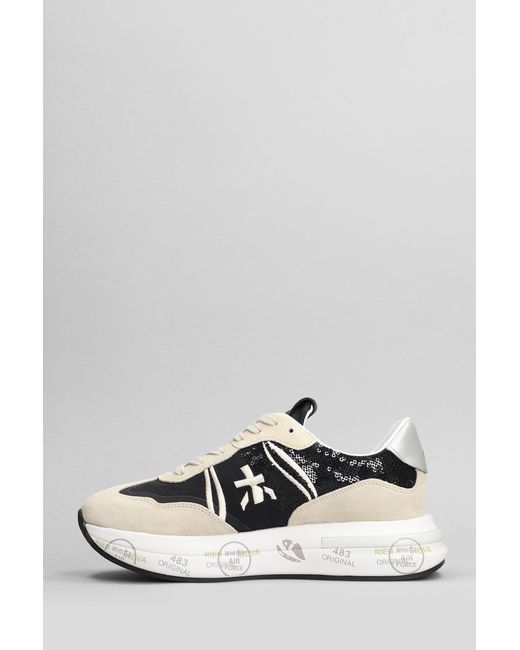 Premiata White Cassie Sneakers In Beige Suede And Fabric
