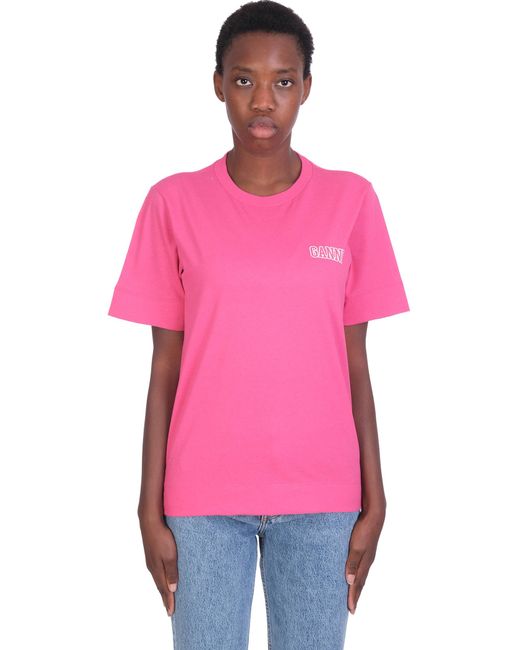 Ganni Oneck T-shirt In Rose-pink Cotton - Lyst