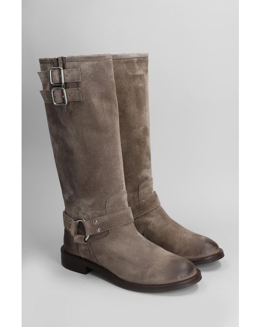 Via Roma 15 Brown Low Heels Boots In Taupe Suede
