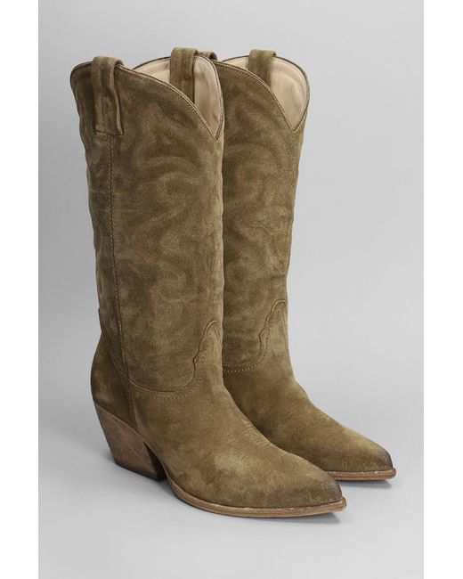 Elena Iachi Green Texan Boots In Taupe Suede