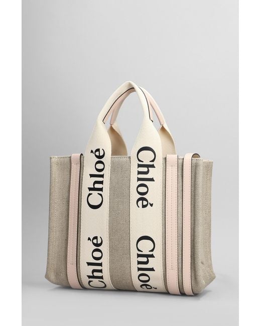 Chloé Natural Woody Tote In Beige Linen