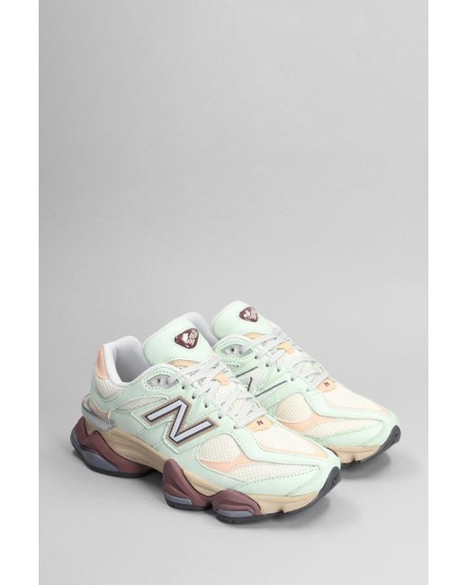 New Balance White 9060 Sneakers In Green Leather And Fabric