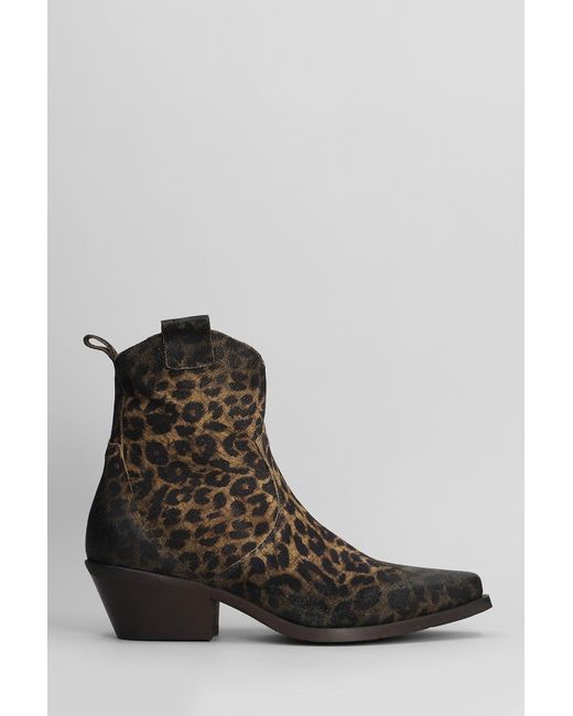 METISSE Brown Texan Ankle Boots In Animalier Suede