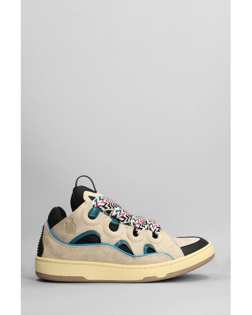 Lanvin Metallic Curb Sneakers In Beige Suede And Leather for men