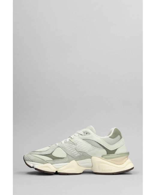 New Balance White 9060 Sneakers In Green Suede And Fabric