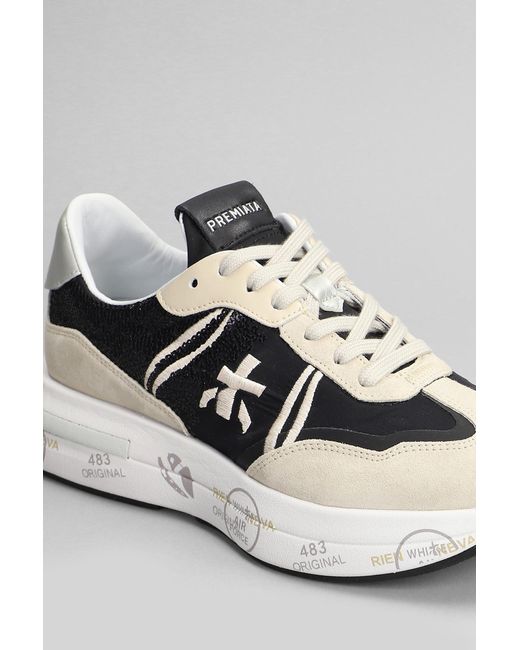 Premiata White Cassie Sneakers In Beige Suede And Fabric